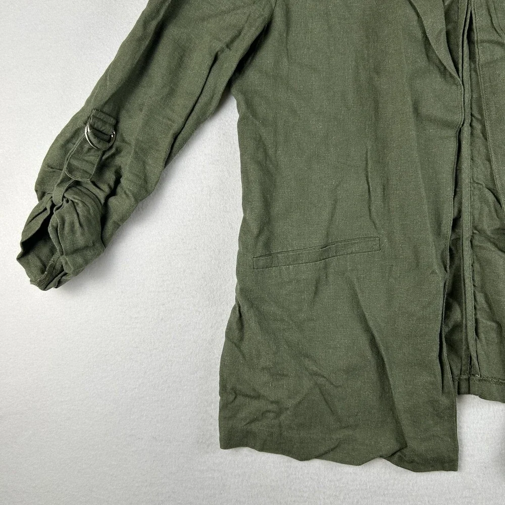 HAVE Jacket Womens Large Green Linen Blend Open Front Roll Tab Sleeves D Ring